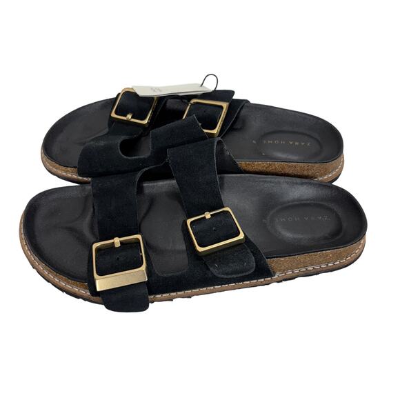 ZARA HOME Black Suede Leather Double Buckle Strap Slides Sandals Size 10 NWT - Picture 4 of 8